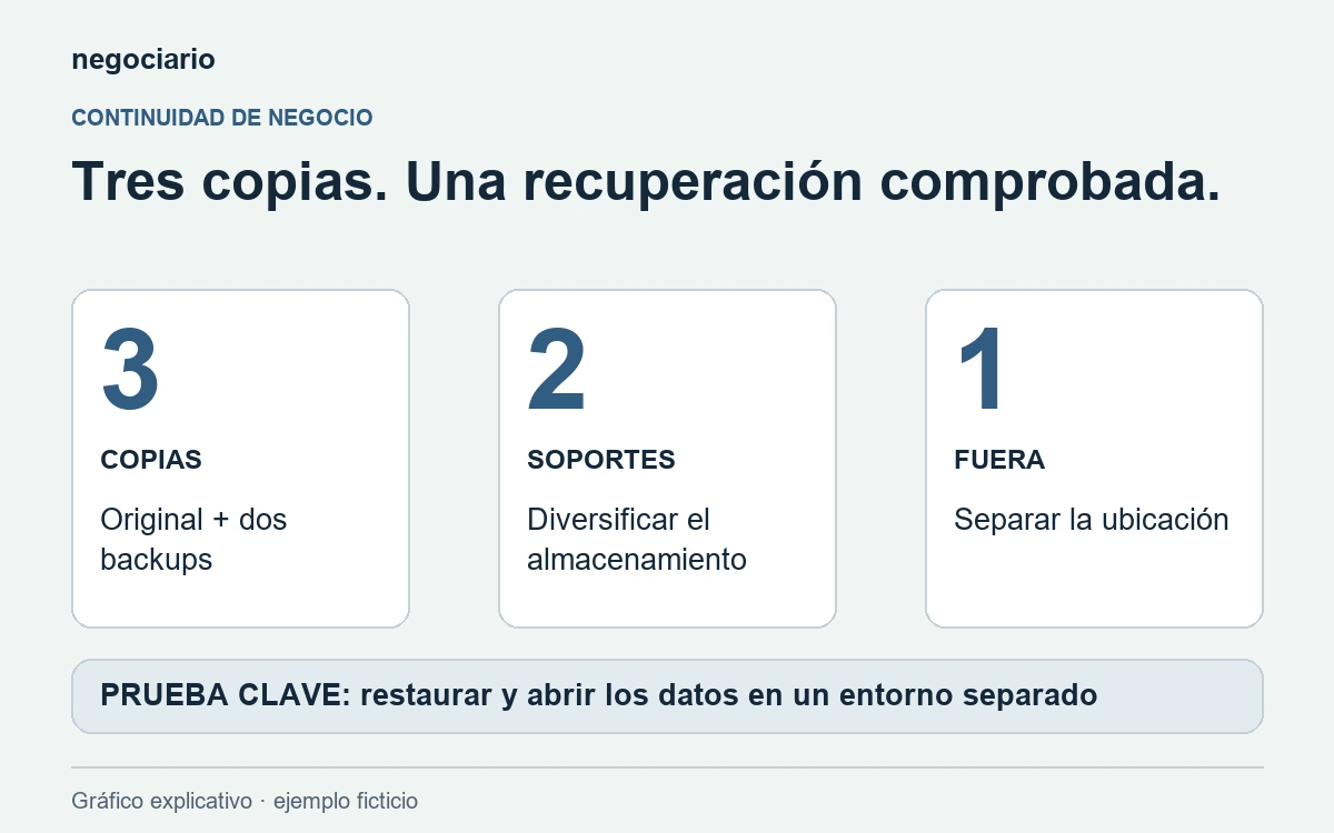 Tres ubicaciones de un ejemplo de backup: original, copia local y copia externa, con recuperación de prueba