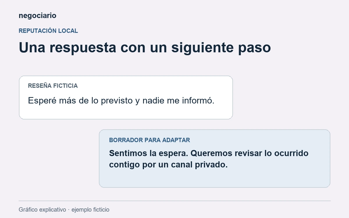 Dos bocadillos de una conversación ficticia: una queja por espera y una respuesta que propone revisar el caso