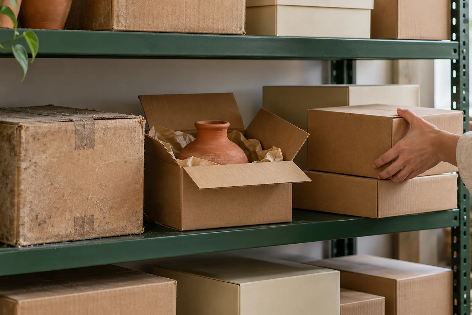 Estantería verde con cajas de mercancía y una mano revisando una caja en un almacén ficticio